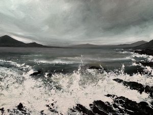 Painting of a stormy sea, with a threatening grey sky