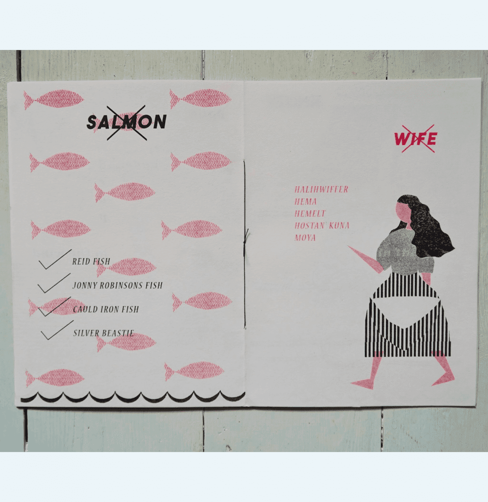 Screenprint in two halves. On the left, are red fish. the word salmon has been corssed out, and instead other regional names are listed with a tick against them. On the right, the word wife is crossed out, and instead regional words are listed with ticks against them. There is a picture of a fishwife next to the text.