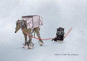 An illustration of a cat, wearing a Darth Vader helmet, with a dog dressed as an AT-AT walker on a leash