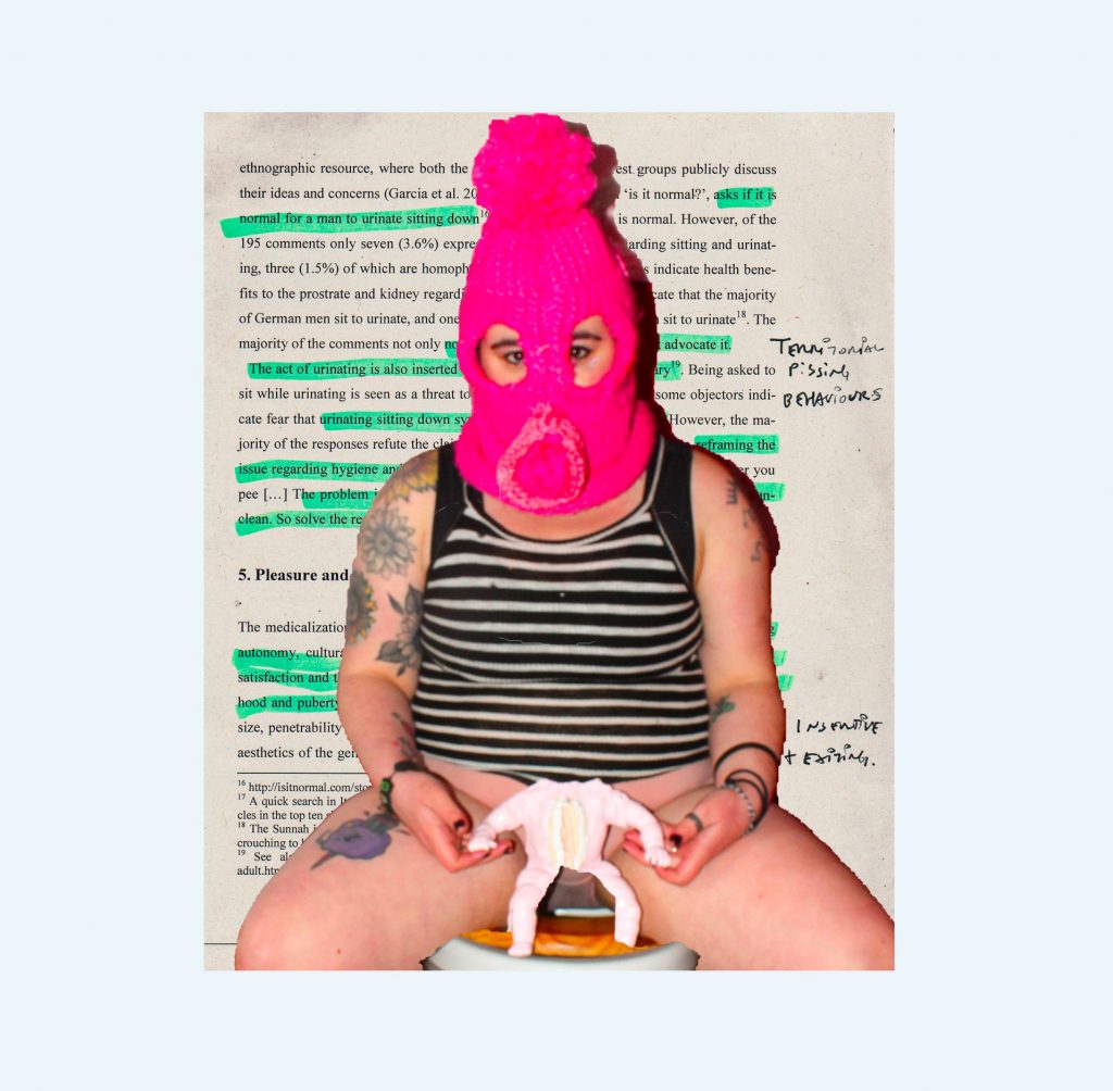 chubby tattooed figure dressed in a pink bobble hat balaclava head covering and a striped sleeveless top sitting upon a toilet holding a seemingly headless baby doll with teeth sewn into its torso between their legs, upon a background of a research paper and handwritten notes