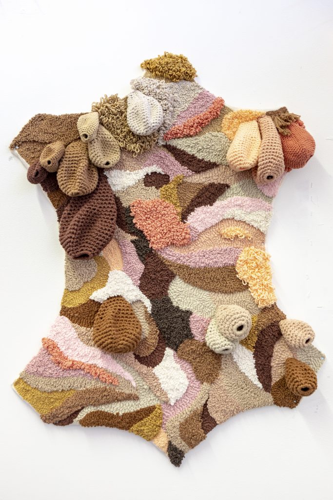 Wall hanging/rug in the shape of a cows hide, made out of different coloured yarns, in skin tones ranging from Dark brown to light cream, warm tan and pinks. Each colour takes a natural shape, resembling different prints from many animals. There are crocheted teats(from cows udders) hanging from the tapestry in the same colours. This piece was made from punch needling techniques, crochet and embroidery.