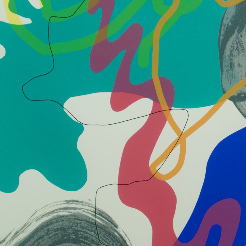 Screen print of vivid blue, pink, orange, teal and grey using squiggles and mark making, based on psychoanalyst Winnicott’s Squiggle Theory.