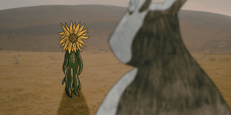An image still from a short film combining live-action and animation. Two animated characters are standing in front of each other. One is a human-size sunflower, another a rabbit creature. A photographic image of Pentland hills in the background.