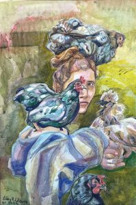 A colourful watercolour painting of a young white woman with red hair, holding various pet chickens. Her expression is pensive.