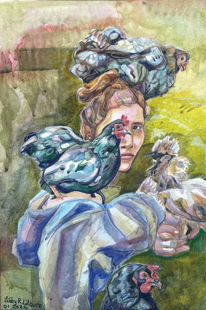 A colourful watercolour painting of a young white woman with red hair, holding various pet chickens. Her expression is pensive.