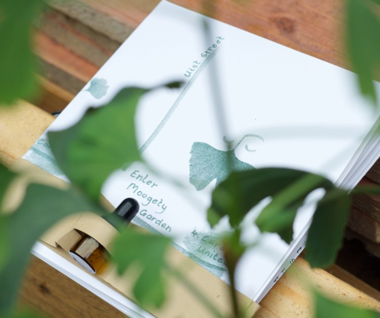 Photograph of a map behind leaves. Risograph print folded with scent bottle inset on card. Details of a street and community garden on the front.