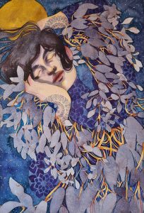 A watercolour and mixed media painting. A figure wreathed in floral shapes poses with closed eyes against a dark sky. Blue ink patterns decorate their skin.