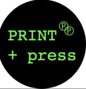 Print + Press logo Green courier new font on black circle