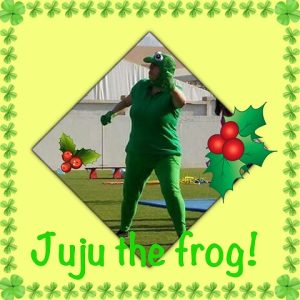 Juju the frog to entertain children (a woman dressed as a frong at an early years and primary school sport day)