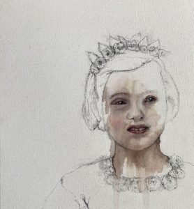 A mixed media expressive painting depicting a flower girl with a tiara. The imagine is mainly drawn with areas of thin paint. There is no background and the image only shows her head and shoulders.