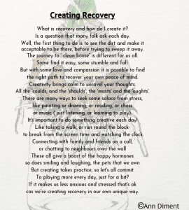 A poem called creating recovery overlaid onto a background watercolour pen and wash image of a hyainth bulb in a glass jar.