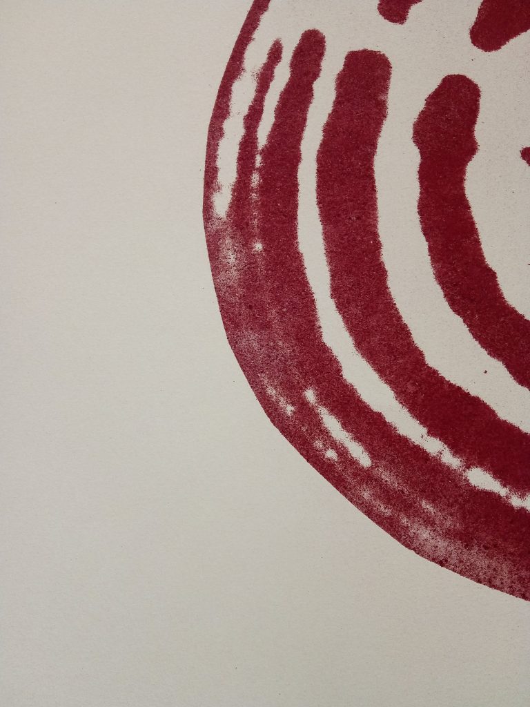 Textured Lithography print, curved dark red lines