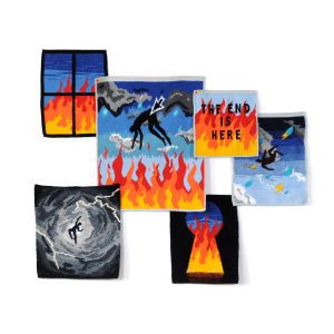 Image shows a collection of tapestry weavings, 6 in total, in a collage like format. The works depict scenes of fires through shilouetted boundaries, such as windows and keyholes. As well as scenes of digital storms and fire, with small figures in silhouette featured falling throughout.