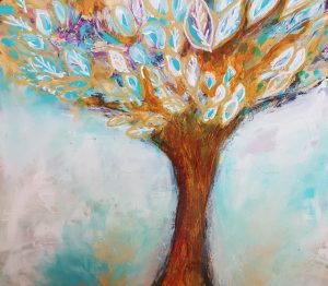 A mixed media painting of a tree with a bronze trunk and teal and bronze leaves on a white and teal layered background