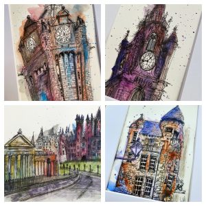 A square image of four urban sketches of Edinburgh: top left Balmoral Clock; top right Tron Kirk; bottom left the Mound and bottom right the Writer's Museum.
