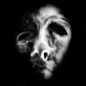 This is a digital self portrait inspired by visual phenomena experienced during mirror gazing experiments. Image of a white face emerging from a black background. The features are distorted only one eye and the nose completely visible.