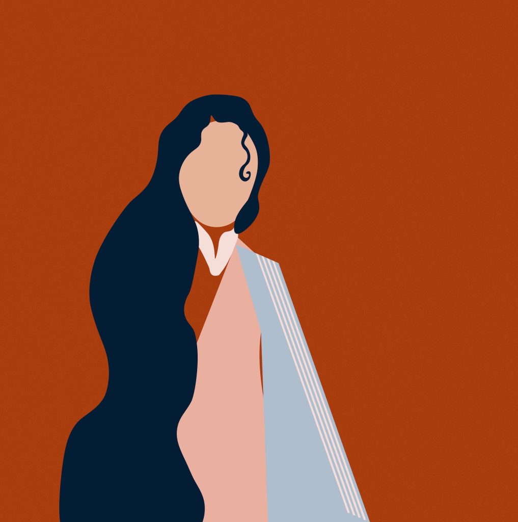 A minimalist, flat design of a woman made out of vague shapes of baby blue and pink clothes and midnight blue hair on a dark reddish-orange background.