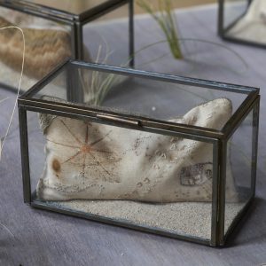 Image of eco-printed fabric pincushion with hand stitched map and copper foil compass rose embellishment within a zinc and glass box. Sitting on a wooden table with another box behind it with a different pincushion inside. Marram grass plants growing through the table surface.