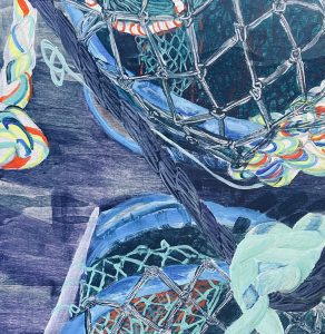 Square wooden panel painting showing close up of fishing nets and pots in a confusing jumble of crotons patterns.