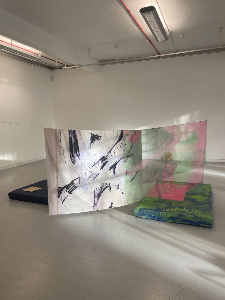 Two printed textiles hang from a green cord across a gallery space. One is black and white sketchy marks the other green and pink abstract brush marks. Sunlight comes through a window to land on the work.