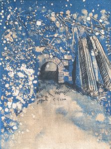A pathway leads to a stone archway surrounded by foliage. Light can be seen through the archway. The colour palette is blue and brown and black. The medium is ink and bleach on a canvas board.