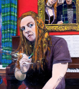 A detail of an oil painting that shows a woman (the artist) in front of a piano. One hand holds a paintbrush.