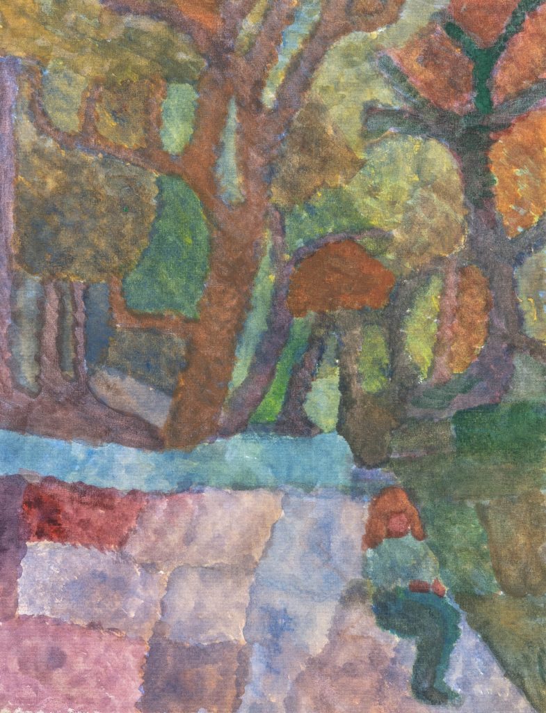 An obscured image of a woman (my friend Lilith) sitting under a tree drawing made up of watercolour patches