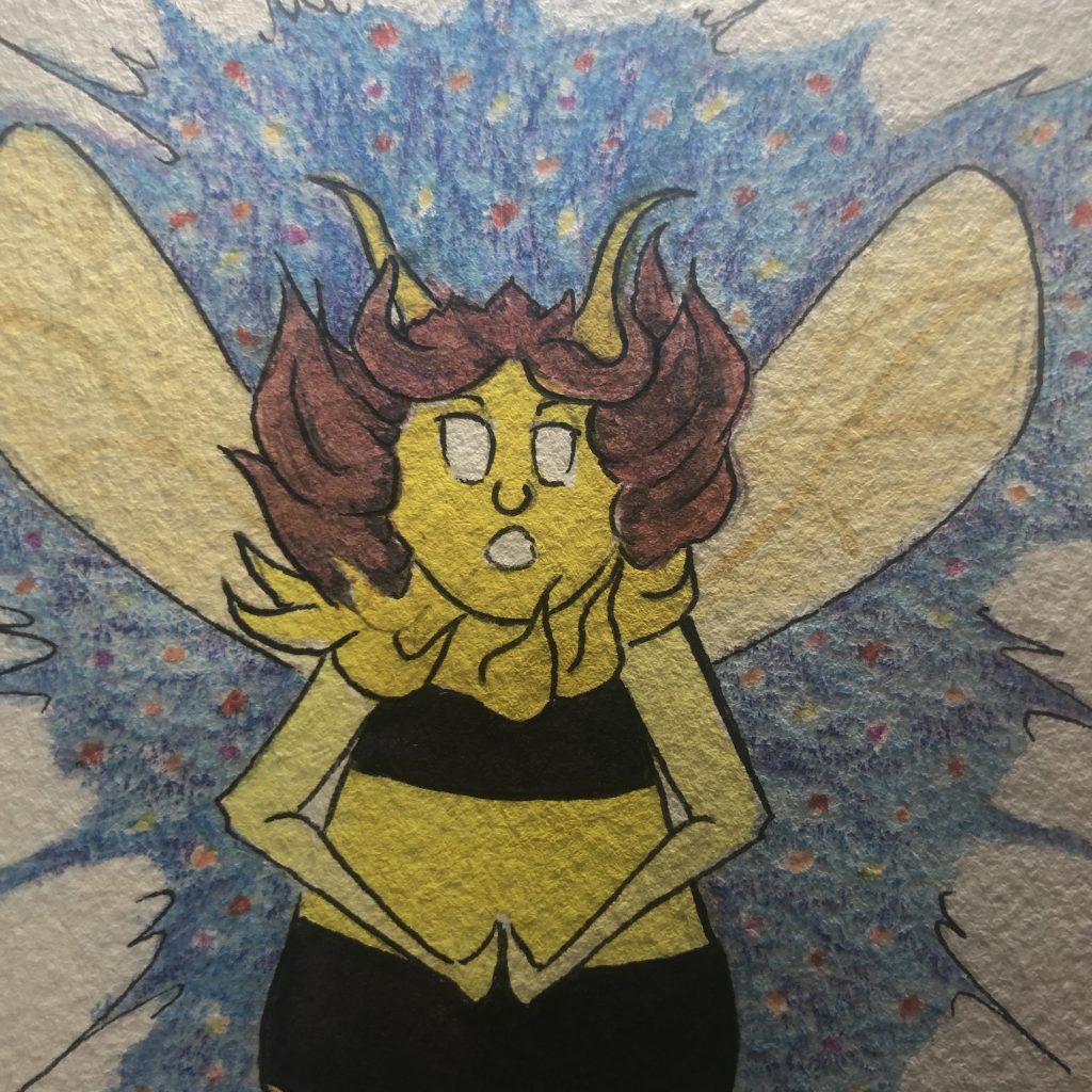 The face of a bee-witch shows the moment it releases its power. Their hair flies accordingly with the direction of the energy which ends up spreading all around them into an space-like background