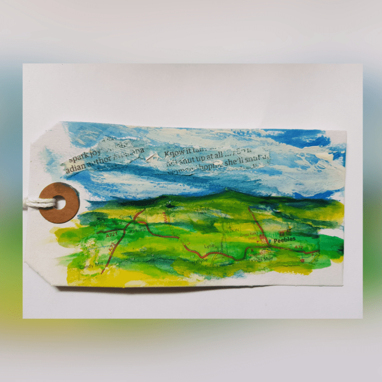 parcel label with painting of landscape on a collage of map.