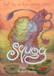 A anthropomorphised blue squid in a regency dress, she half in a pond surrounded by lily pads, sensually unbuttoning the shirt on a anthropomorphised green frog at the edge of said pond, he holds her close, passion in-between their locked gazes as the orange light of sunset washes over them.At the top of the image reads: Red sky at night, sailors delight.Lower centre of the image in large font reads: SQUOG.Bellow Squad at the bottom centre of the image reads: Short film by Alistair Murphy.