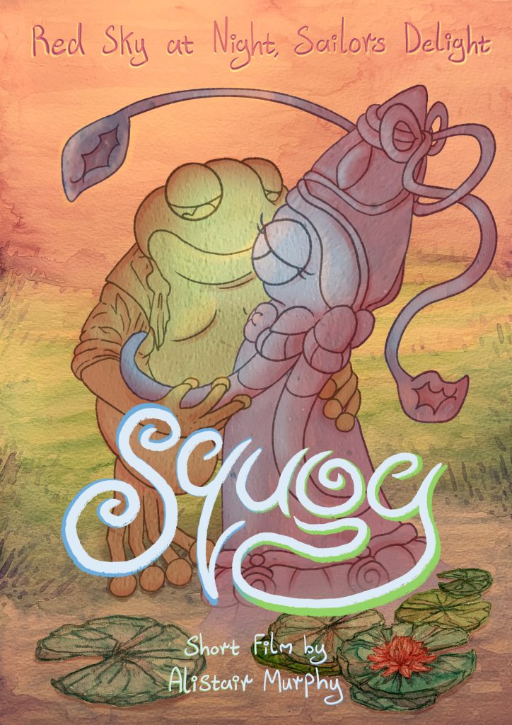 A anthropomorphised blue squid in a regency dress, she half in a pond surrounded by lily pads, sensually unbuttoning the shirt on a anthropomorphised green frog at the edge of said pond, he holds her close, passion in-between their locked gazes as the orange light of sunset washes over them.At the top of the image reads: Red sky at night, sailors delight.Lower centre of the image in large font reads: SQUOG.Bellow Squad at the bottom centre of the image reads: Short film by Alistair Murphy.