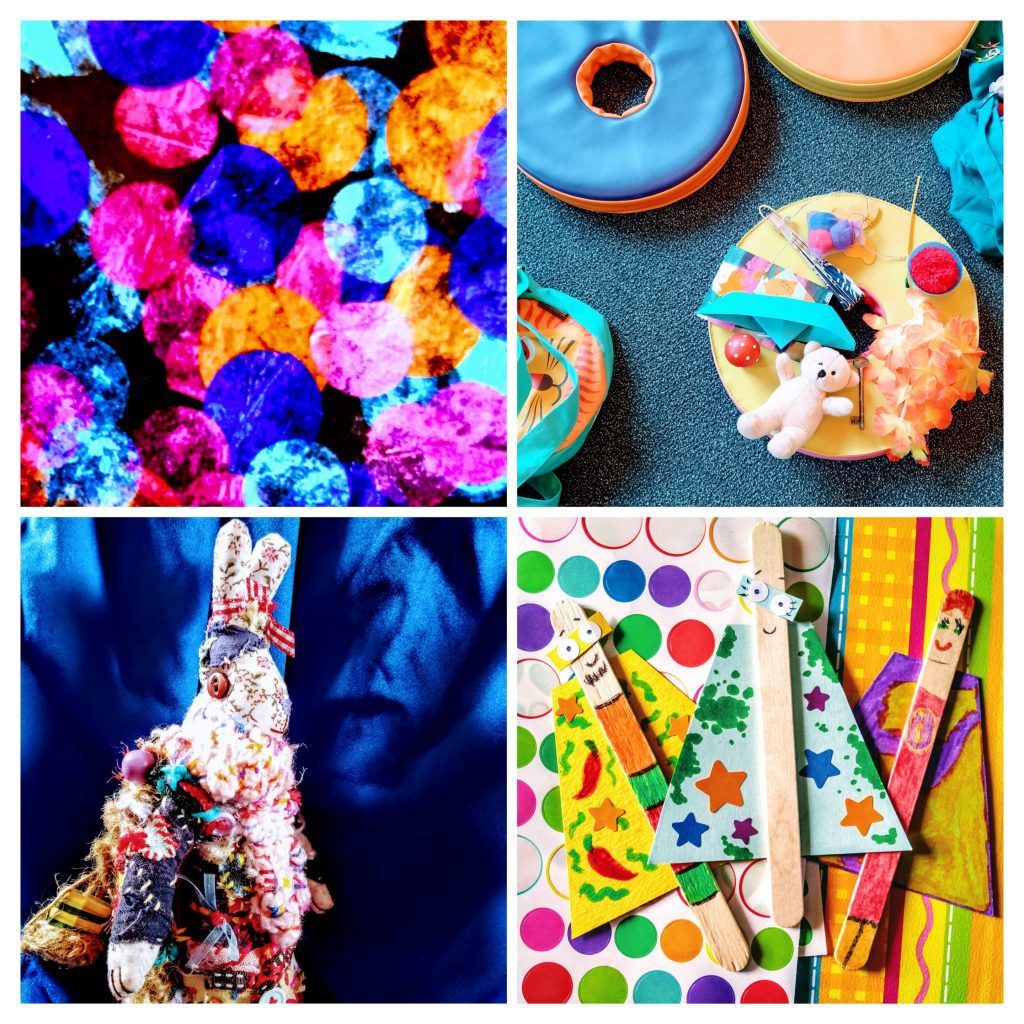 A selection of images of my work, including props from an interactive storytelling session, crafts created with children, a rabbit puppet and a collage.