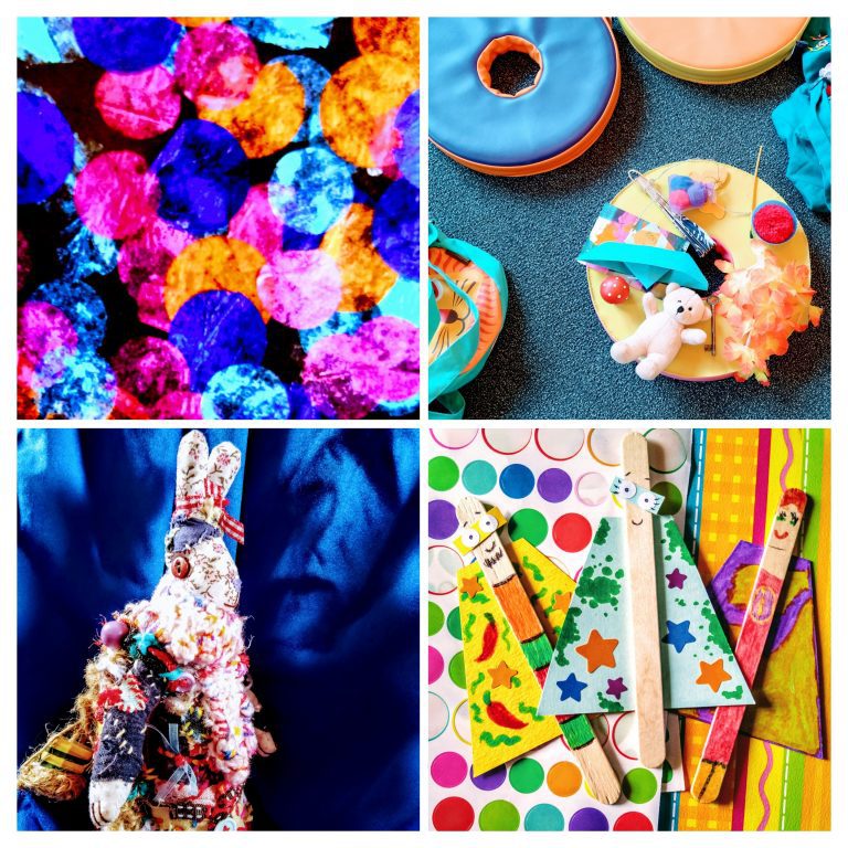 A selection of images of my work, including props from an interactive storytelling session, crafts created with children, a rabbit puppet and a collage.