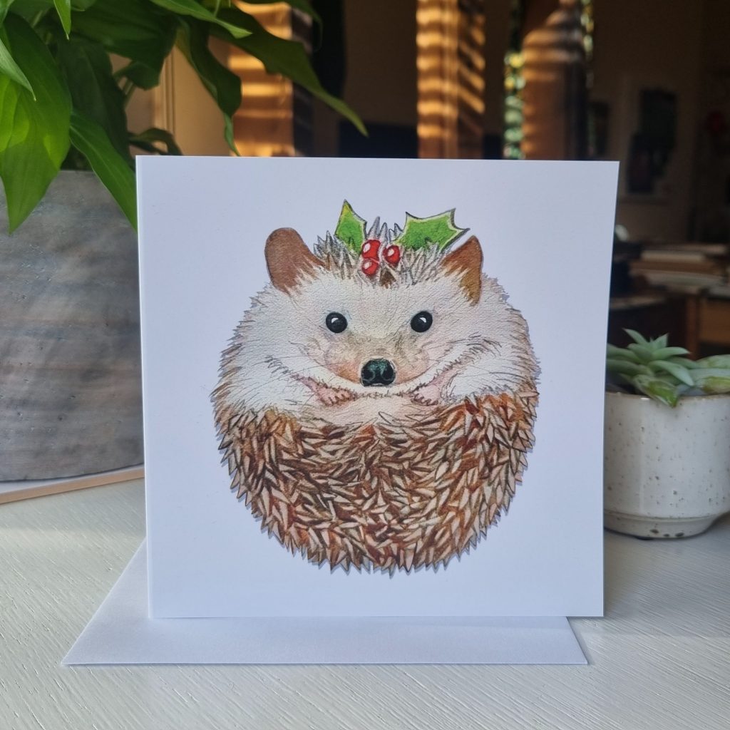 Hedgehog Christmas Pudding illustration in watercolour that has been digitally printed onto a greetings card.