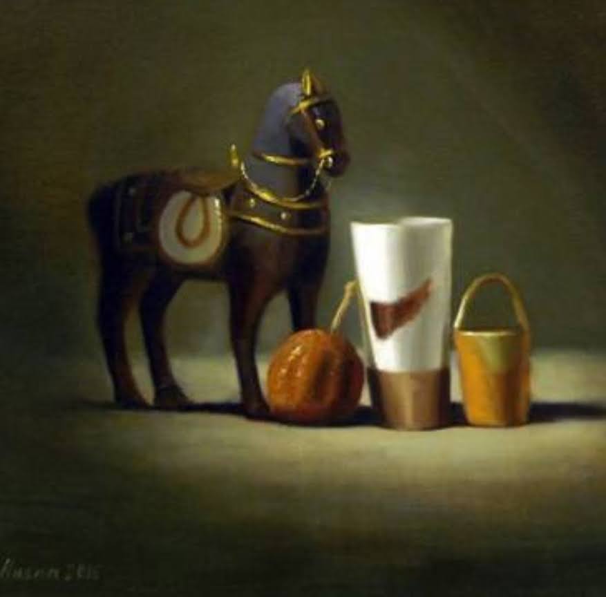 An oil painting of two vessels, a dried orange, and a black model of a horse. It is dramatically lit and looks like something from the Florentine school