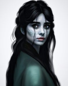 Digital illustration of a young woman with long black hair and grey-blueskin.