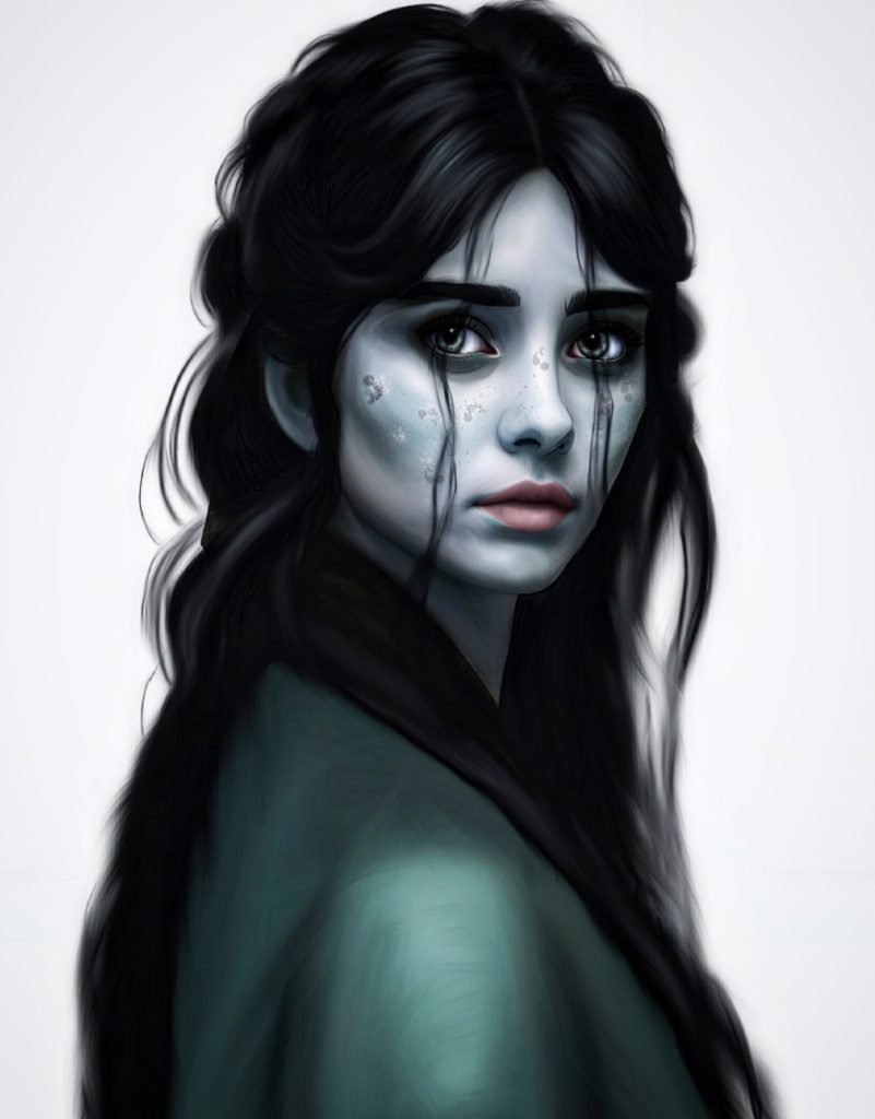 Digital illustration of a young woman with long black hair and grey-blueskin.