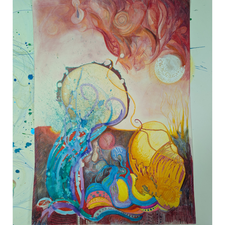 Abstract, colourful drawing made with ink, felt tip pens and coloured pencils.
