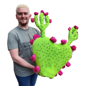 A white man wearing a grey t-short is smiling and holding a textile sculpture of a bright green cactus with pink fruits.