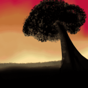 Digital painting of a tree silhouetted against sunset colours.