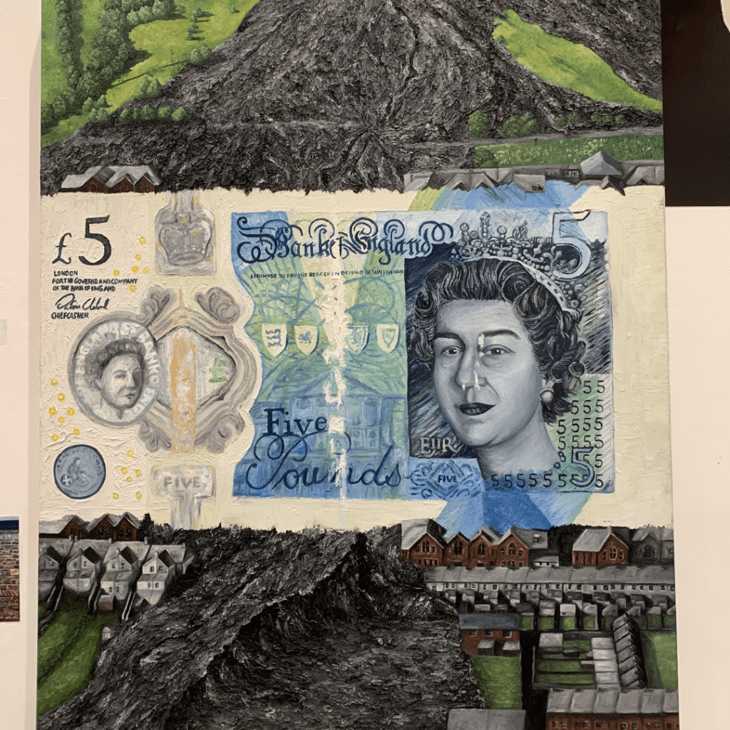 A large oil painting of a five-pound banknote centred in the middle with imagery from the Aberfan Disaster sandwiching it from the top and bottom.