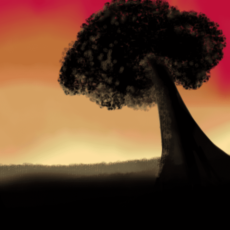 Digital painting of a tree silhouetted against sunset colours.