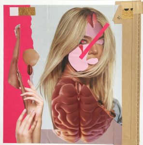 A collage of a women's face and body parts from magazines. The colours are bright pink and pale skin tones.
