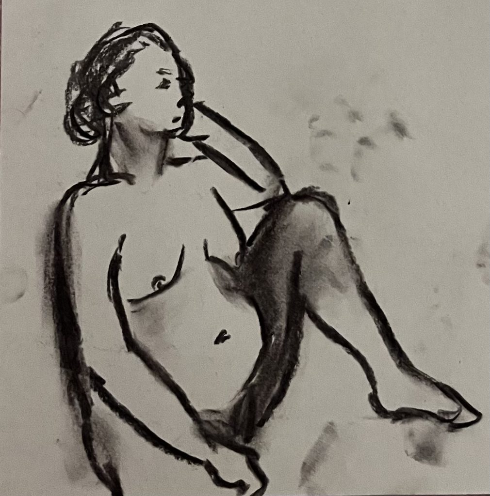 Charcoal drawing of a naked woman, sitting thoughtfully with her head on her hand.