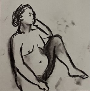 Charcoal drawing of a naked woman, sitting thoughtfully with her head on her hand.