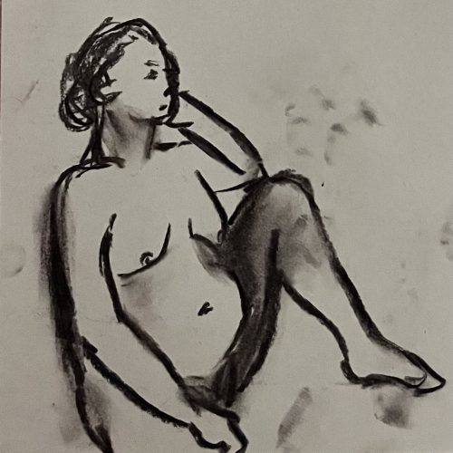 Charcoal drawing of a naked woman, sitting thoughtfully with her head on her hand.