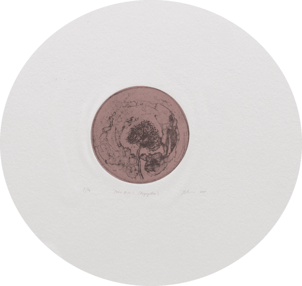 A muted pink circle on circular white paper. Inside the pink circle there are abstract lines, as if looking at a petri dish through a microscope.