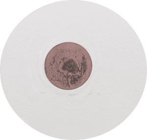 A muted pink circle on circular white paper. Inside the pink circle there are abstract lines, as if looking at a petri dish through a microscope.