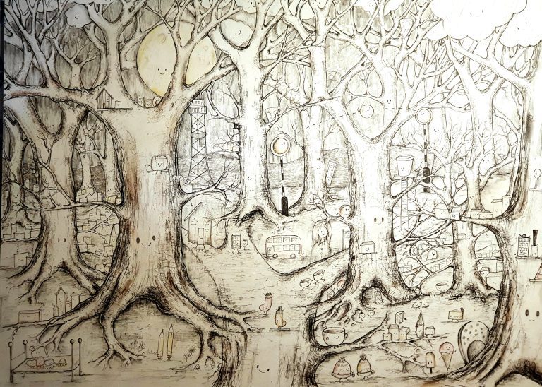 Hand drawn pen illustration of an imaginary city inside a forest. The trees are smiling and little houses, streets and buses can be seen in between them.