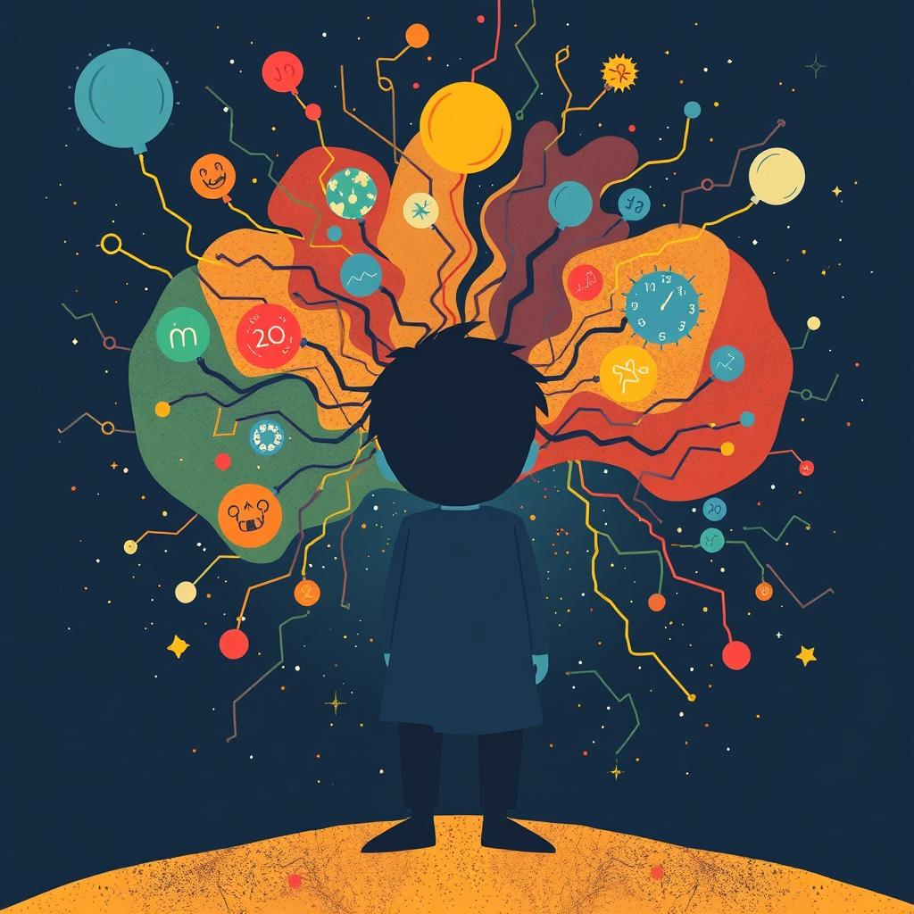 A digital drawing of a person from behind. The person has black hair and is wearing dark clothes and the background is dark. There are colourful lines and shapes expanding outwards from the person's head.